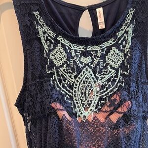 Xhilaration NAVY Dress Cotton Crochet Lace over Nylon/Rayon w/ Blue Embr…